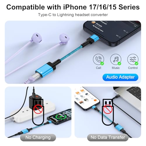 Lightning to USB C Adapter Audio for iPhone 17e 17 Pro Max Air 16e 16 15 Pro Max Plus, USB C Male to Lightning Female iPhone 17e Headphone Adapter Earbuds Adaptor Dongle Earphone Converter (NO CHARGE) - color: Blue