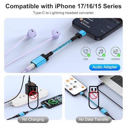 Lightning to USB C Adapter Audio for iPhone 17e 17 Pro Max Air 16e 16 15 Pro Max Plus, USB C Male to Lightning Female iPhone 17e Headphone Adapter Earbuds Adaptor Dongle Earphone Converter (NO CHARGE) - color: Blue