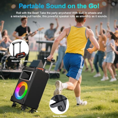 JYX 500W Peak Rolling Karaoke Machine, 10" Woofer & 2 Wireless Mics - color: Black