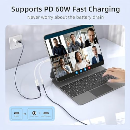2 in 1 Usbc Splitter Aux and Charging Bundle [USB-c Splitter & USB C to 3.5mm Jack and Charger],PD 60W Fast Charging and Hi-Fi Audio,for iPhone 15 16 17/iPad Pro/Galaxy/Pixel