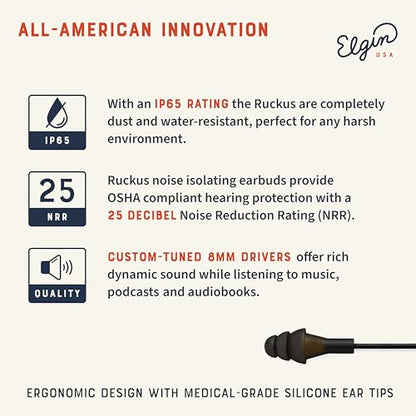 Elgin Ruckus Earplug Headphones, 25dB Noise Reduction - color: Stealth Black, style: Ruckus