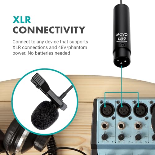 Movo LV8-D Broadcast-Quality XLR Lavalier Omni-Directional Wired Microphone with 12mm Mic Capsule for Accurate Voice Recording - Kit Includes Lapel Clip, Case and Windscreen