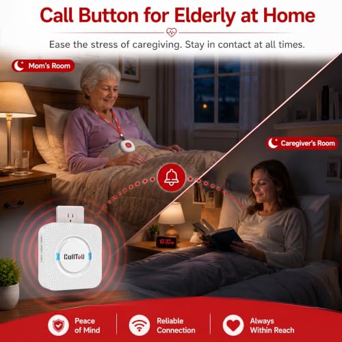 CallToU Wireless Caregiver Pager Call Button for Elderly at Home Nurse Alert System 500+ Feet for Seniors/Elderly/Patient/Disabled 2 Plugin Receivers 1 Waterproof SOS Button - color: white 1+2