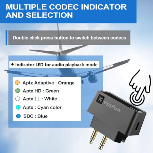 Professional Bluetooth 5.2 Transmitter for Airplane, Dual Connection Wireless Audio Adapter with aptX Low Latency/Aptx HD for Earbuds/Headphones