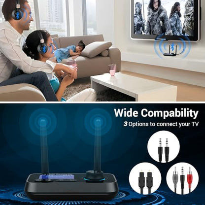 3-in-1 Low Latency Bluetooth 5.3 Transmitter for TV Audio Receiver Adapter for Stereo Long Range W.Screen Volume Control Aux/RCA/Optical Input/Output Surpport Up to 2 BT Headphones - color: Dual Antenna-BLACK