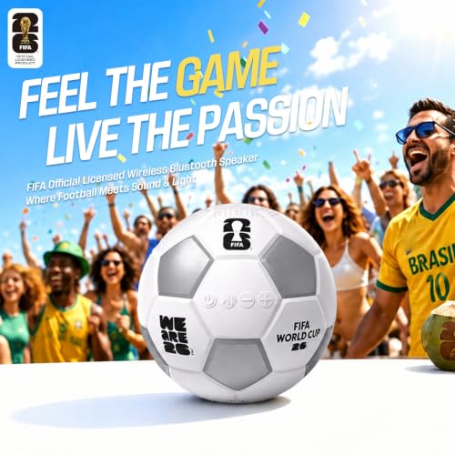 FIFA World Cup 2026 Wireless Bluetooth Speaker - Portable Soccer Ball Shaped Smart Speaker with Dynamic RGB LED, Loud Stereo Sound, Mini Wireless Speaker with TF Card & Lanyard Hole (White)