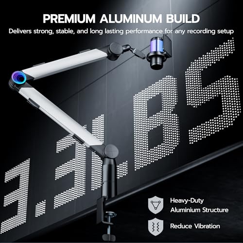 ARES WING Aluminum Microphone Boom Arm with RGB Light and Volume Control | Adjustable Mic Arm Desk Mount with 3/8” to 5/8” Screw Adapter, Suspension Scissor Mic Stand for Gaming Streaming Podcasting