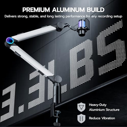 ARES WING Aluminum Microphone Boom Arm with RGB Light and Volume Control | Adjustable Mic Arm Desk Mount with 3/8” to 5/8” Screw Adapter, Suspension Scissor Mic Stand for Gaming Streaming Podcasting