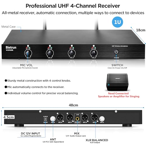 Bietrun 4-Channel Wireless Microphones System with 4 Handheld Mics, UHF Metal Dynamic Cordless Mics for Karaoke, Singing, Church, Family Theater(Auto Connect/295FT Range/Fixed Frequency), Black