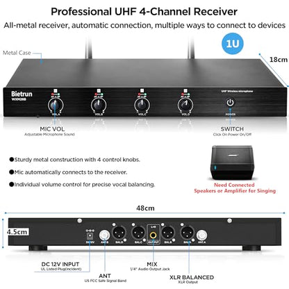 Bietrun 4-Channel Wireless Microphones System with 4 Handheld Mics, UHF Metal Dynamic Cordless Mics for Karaoke, Singing, Church, Family Theater(Auto Connect/295FT Range/Fixed Frequency), Black