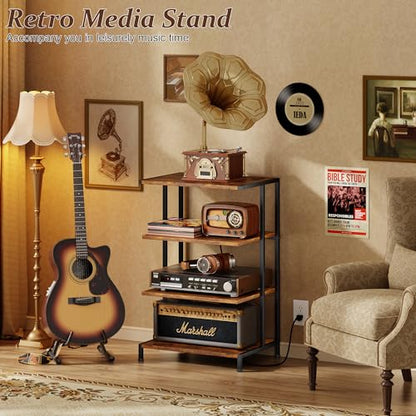 X-cosrack AV Media Stand with Power Strips,4-Tier Stereo Cabinet Audio Rack,Game Console Shelf with Adjustable Shelves,Small Entertainment Center with Larger Tabletop for PS5 Xbox TV Box DVD Players - style: Large and Outlet