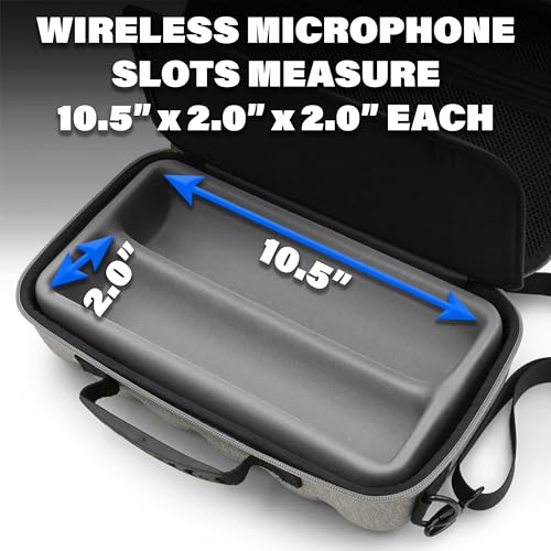 CASEMATIX Dual Wireless Microphone Case for Wireless Mic System Compatible with Sennhesier, Shure Microphones and More, Dual Mic Bag with Shoulder Strap and Hard Shell Gray Exterior
