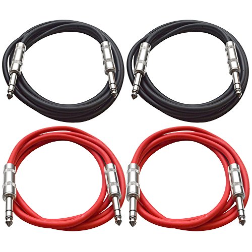 Seismic Audio - SATRX-2-4 Pack of 2' 1/4" TRS to 1/4" TRS Patch Cables - Balanced - 2 Foot Patch Cord - Black and Red - color: Black and Red