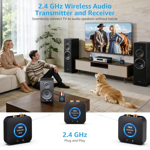 1Mii 2.4 GHz (1 TX+2 RX) Wireless Audio Transmitter Receiver Set for TV, 25ms Low Latency RCA AUX Wireless Audio Adapter Kit for Projector/PC/Home Stereo/Powered Speaker/Amplifier/Soundbar