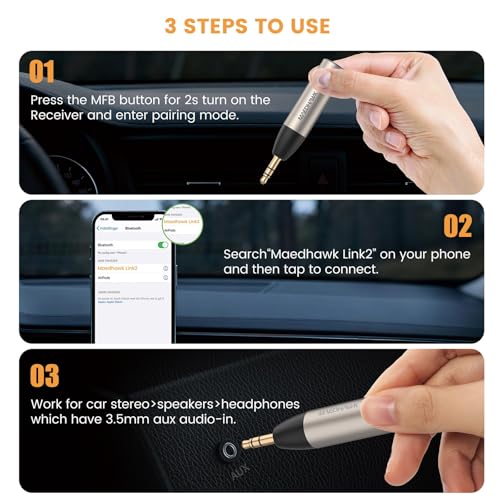 MaedHawk Bluetooth 5.4 Aux Receiver for Car | Turns AUX Car Stereos, Speakers, and Wired Headphones into Bluetooth Audio Receivers, Not a transmitter. - color: Silver