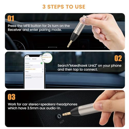 MaedHawk Bluetooth 5.4 Aux Receiver for Car | Turns AUX Car Stereos, Speakers, and Wired Headphones into Bluetooth Audio Receivers, Not a transmitter. - color: Silver