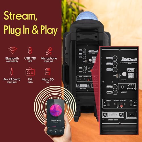 Wireless Portable PA Speaker System - 700 W Battery Powered Rechargeable Sound Speaker and Microphone Set with Bluetooth MP3 USB Micro SD FM Radio AUX 1/4" DJ Lights - for PA/Party - Pyle PSUFM1280B - color: Black