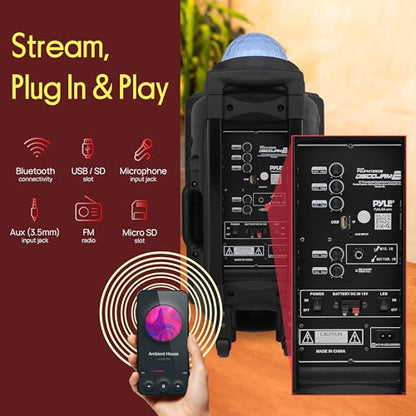 Wireless Portable PA Speaker System - 700 W Battery Powered Rechargeable Sound Speaker and Microphone Set with Bluetooth MP3 USB Micro SD FM Radio AUX 1/4" DJ Lights - for PA/Party - Pyle PSUFM1280B - color: Black