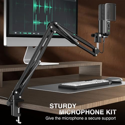 FIFINE Recording Mic Arm Kit and Streaming Headphones Bundle, Condenser Microphone Boom Arm with Mute Button, Gain Knob, Over Ear Wired Headphones with Detachable Cables for Podcast(T669PRO1+H8)
