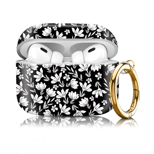 Compatible with Airpod pro 2nd/1st Generation Case Cover with Gold Round Keychain Cute Pattern Hard & Anti Slip Cover for Men Women & Girls（White Flower） - color: White Flower