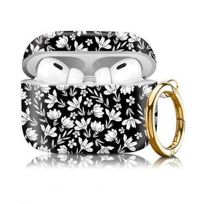 Compatible with Airpod pro 2nd/1st Generation Case Cover with Gold Round Keychain Cute Pattern Hard & Anti Slip Cover for Men Women & Girls（White Flower） - color: White Flower
