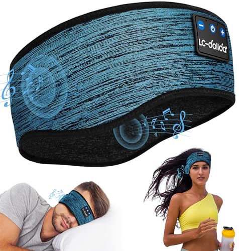 LC-dolida Boho Sleep Headphones Headband, Over Ear Bluetooth Headphones Wireless Womens Headbands, Wireless Earphones Sweat Resistant Band Music Sleeping Eye Mask Earbuds for Sports Unique Gifts - color: Beige Blue