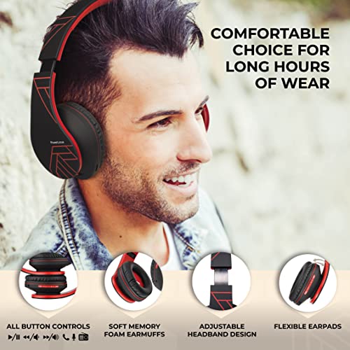 PowerLocus Bluetooth Over-Ear Headphones, Wireless Stereo Foldable Headphones Wireless and Wired Headsets with Built-in Mic, Micro SD/TF, FM for iPhone/Samsung/iPad/PC (Black/Red) - color: Black/Red
