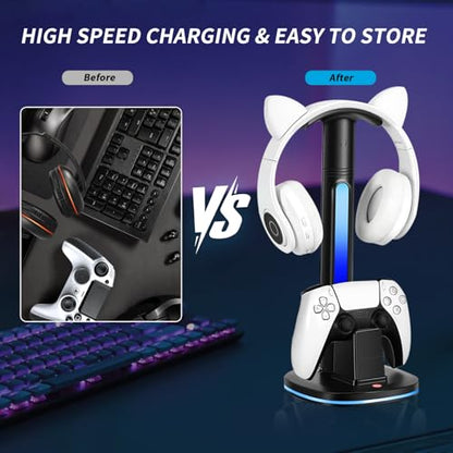 PS5 Controller Charging Dock with RGB Headphone Stand | 2-in-1, Dual USB Fast Charging Station, RGB LED Gaming Headset Stand, Multi-Functional Gaming Accessories