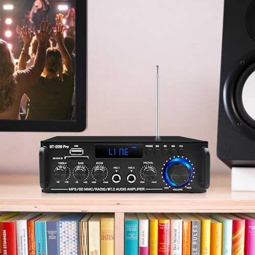 BT-298Pro 400W Amp, 2.0 Bluetooth Home Stereo Receiver w/Mic Echo & Bass | Stable BT 5.0 for phones/tablets. Supports USB, SD, AUX & FM. MIC input with adjustable echo for karaoke fun