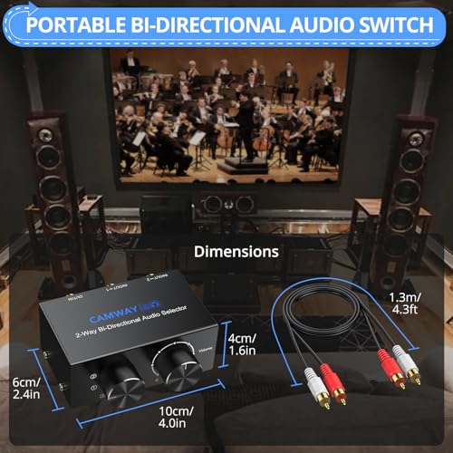 CAMWAY 2X1,1X2 RCA Switcher - RCA L/R and Aux 3.5mm Bi-Directional Stereo Audio Selector Box, Portable with Volume/Off Knob,Professional Audio Splitter for Multiple Audio Source