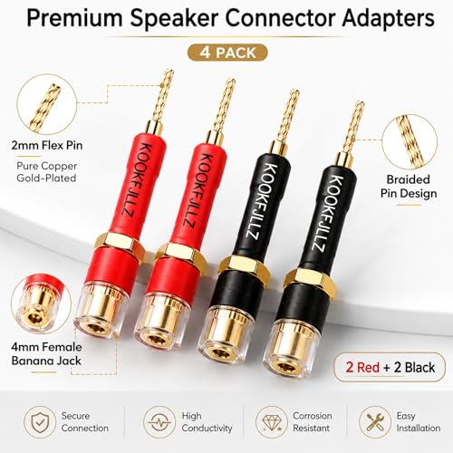 4mm Banana Plugs Speaker Wire Adapters 4 Pack - Pin to Female Banana Jack Gold Plated Connectors for Speaker Amplifier