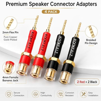 4mm Banana Plugs Speaker Wire Adapters 4 Pack - Pin to Female Banana Jack Gold Plated Connectors for Speaker Amplifier
