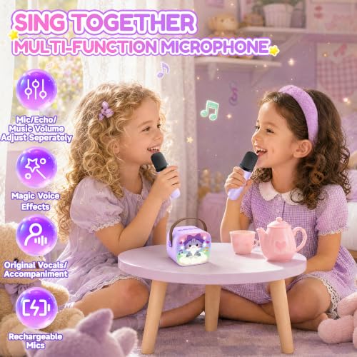 YLL Karaoke Machine for Kids, Portable Mini Speaker with 2 Wireless Microphones, Kids Toy Gifts for Girls Ages 3, 4, 5, 6, 7, 8, 9, 10+ Years Old, 4-12th Birthday Singing Home Family Party - color: Violet-Cat