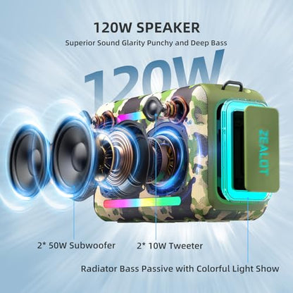 ZEALOT 120W RMS/150W Peak Bluetooth Speaker, Portable Wireless Speakers IPX6 Waterproof Bluetooth Subwoofer Speaker with LED Light, 40H Playtime, Custom EQ, Stereo TWS Pairing for Outdoor, Party-Camo - color: Camouflage