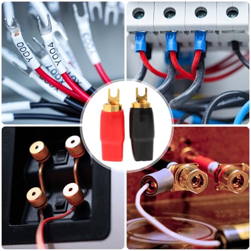 VOSAREA 2 Pairs Connectors Adapters Crimp Barrier Spades Copper Gold Plated 0 Gauge Spade Terminal Crimp for Speaker Wire Cable Terminal Plug- 0GA