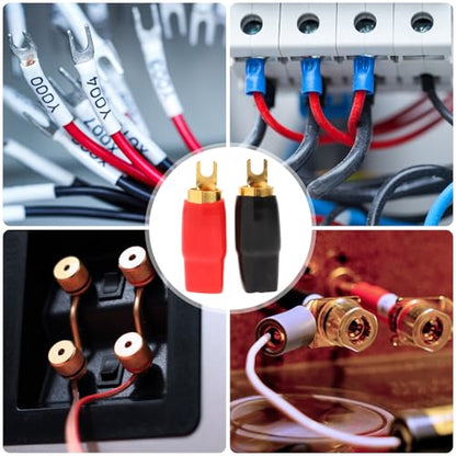 VOSAREA 2 Pairs Connectors Adapters Crimp Barrier Spades Copper Gold Plated 0 Gauge Spade Terminal Crimp for Speaker Wire Cable Terminal Plug- 0GA