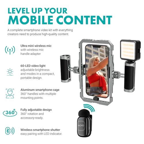 Movo iFilmer-PRO Smartphone Video Rig Kit – Stabilizer Cage with Dual Grips, Wireless Lavalier Microphones & Tripod for iPhone/Android