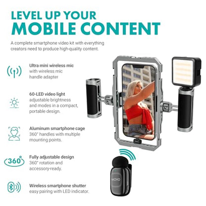 Movo iFilmer-PRO Smartphone Video Rig Kit – Stabilizer Cage with Dual Grips, Wireless Lavalier Microphones & Tripod for iPhone/Android