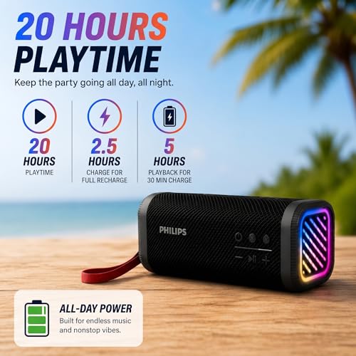 PHILIPS Portable Bluetooth Speaker, Wireless Stereo Sound Party Speaker with Deep Bass, IPX5 Waterproof, 20 Hour Playtime, Auracast & TWS Pairing, USB Playback, Bluetooth 5.4 for Outdoor & Indoor Use