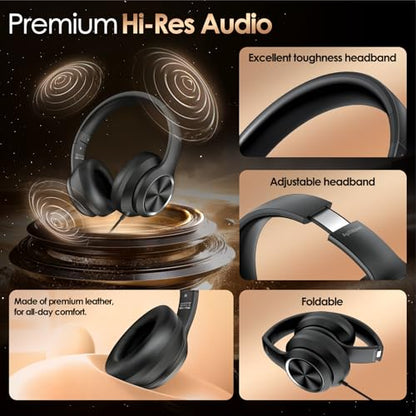 Active Noise Cancelling Headphones, USB C Headphone Wired Over Ear with Mic | USB C Headphones, Hi-Fi Stereo Sound, Big Bass, Portable Foldable Lightweigh Headphone for Airplane Trave/Office/Game/School - color: Black