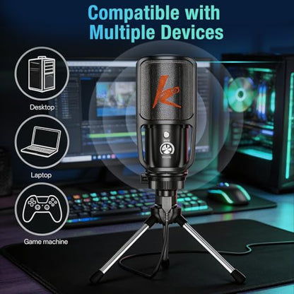USB Microphone, Plug & Play PC Computer Podcast Condenser Cardioid Metal Mic Kit with Professional Sound Chipset for Recording, Gaming, Singing, YouTube