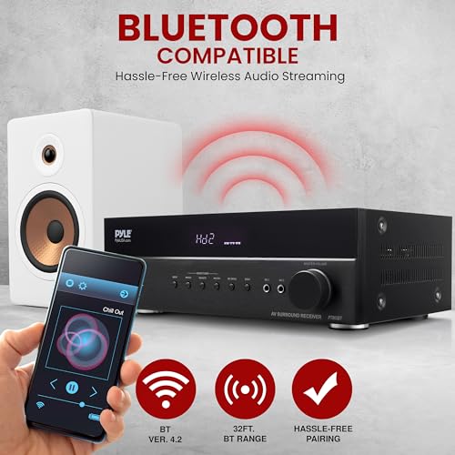 Pyle 5.2 채널 하이파이 홈 시어터 수신기 - 1000W MAX 무선 BT 서라운드 사운드 스테레오 앰프 시스템, 4k 울트라 HD 지원, MP3/USB/DAC, 몰입형 홈 오디오 경험에 이상적