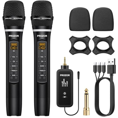 PROZOR UHF Wireless Microphone with Volume Treble Bass Echo Control, Wireless Rechargeable Mic Dual Handheld Dynamic Mic System with Rechargeable Receiver, for Karaoke Machines, DJ, Church, Weddings - style: Rechargeable Portable Bluetooth UHF Mic – Echo