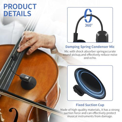 XTUGA Wireless Instrument Microphone with Suction Cup, Wireless Guitar Microphone System 2.4G Rechargeable, Violin, Cello, 6 Hours Battery (KX-722-1)