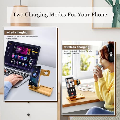 4 in 1 Bamboo Nightstand Organizer, Wood Phone Docking Station, Phone Charger Stand for iPhone 12-18 Series & Android, Desktop Organizer for iWatch & Airpods, Gifts for Men, Dad, Anniversary