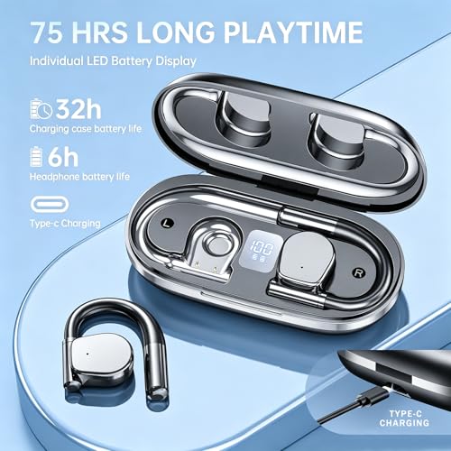 Open-Ear Bluetooth 5.3 Wireless Earbuds Hi-Fi Stereo 75-Hour Battery Life | Features high-resolution (Hi-Res) sound quality and clear call functionality, making it ideal for running and taking calls.