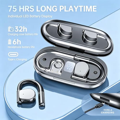 Open-Ear Bluetooth 5.3 Wireless Earbuds Hi-Fi Stereo 75-Hour Battery Life | Features high-resolution (Hi-Res) sound quality and clear call functionality, making it ideal for running and taking calls.
