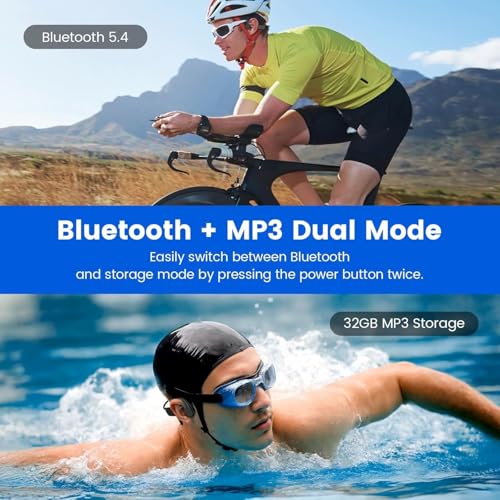 Swimming Headphones,IPX8 Waterproof Underwater Swimming Headphone,Bluetooth 5.4 Bone Conduction Earbuds Built-in 32G Memory,Open Ear Sport Earphones for Running Cycling