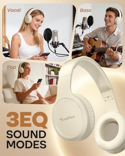 TuneFlux Bluetooth Headphones,70H Playtime Bluetooth 6.0 Wireless Headphones,3 EQ Music Modes Foldable Lightweight Over Ear Headset with Clear Call,HiFi Deep Bass for Home Office Travel (Beige) - color: Beige