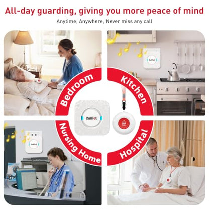 CallToU Caregiver Pager with 2 Wireless Call Button for Elderly at Home | Easy Use, Loud Whole-Home Alerts, 500+FT Through-Wall, Waterproof Call Bell Alert Buttons for Seniors/Elderly/Patients/Adults - color: white 2+2
